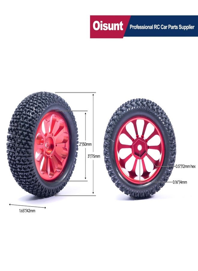 Oisunt 12mm Hex RC Metal Aluminium Wheels&Tires, 3 inch Overall Diameter, 1/10 1/14 1/16th RC Tire Set for Hyper Go/Wltoys/HAIBOXING/BEZGAR/Jetwood(Red) - Image 3